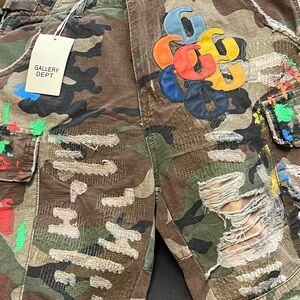 Gallery Dept Green Cargo Shorts with Distressed Camo Design